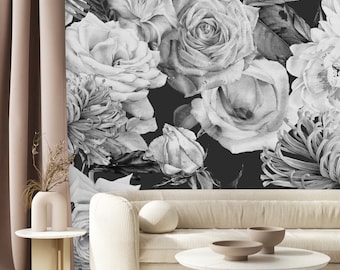2 Days Shipping Black and White Vintage Floral Mix, Removable Wallpaper, Peel and Stick Wallpaper, Wall Mural, Pre-Pasted Wallpaper
