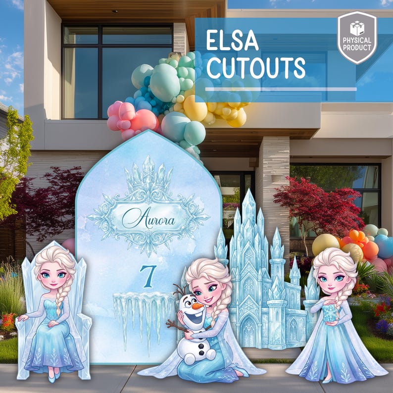 Op de afbeelding: Een set Elsa-thema feestdecoraties met een grote boogvormige achtergrond met de naam Aurora en het cijfer 7, een ijskasteel-uitsparing en drie verschillende karakter-uitsparingen met een blonde figuur en een sneeuwpop-personage.