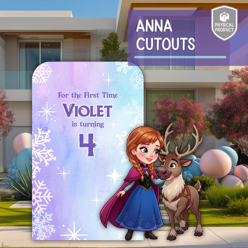 May include: A rectangular birthday sign featuring a watercolor blue and purple background with white snowflakes and stars. The text reads For the First Time VIOLET is turning 4. An illustration of a girl with braided hair and a reindeer is included.