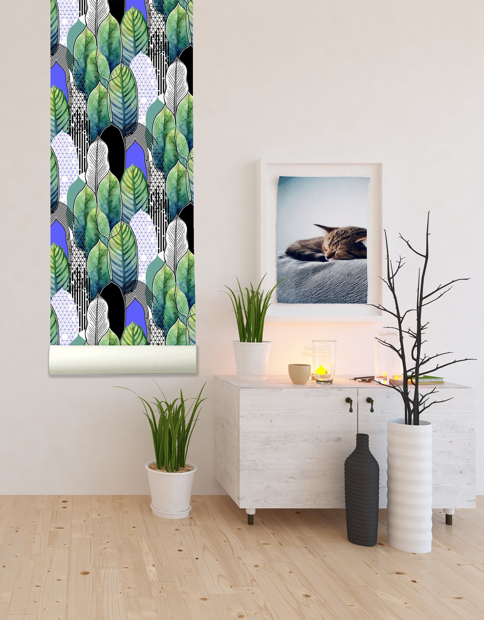 Long Geometric Leaves Wallpaperpeel and Stick Wallpaperwall Etsy