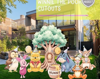 May include: Colorful Winnie the Pooh cutouts, including Pooh Bear, Piglet, Eeyore, Tigger, Owl, and Roo, are displayed on a green lawn. A large tree with a door and a honey pot with the word "HUNNY" are also featured. The text "WINNIE THE POOH CUTOUTS" is at the top.