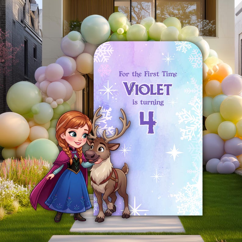 May include: A rectangular backdrop with rounded top corners featuring a light blue and purple watercolor background with white snowflake patterns. The text reads For the First Time VIOLET is turning 4. An illustration of a girl and a reindeer is present.