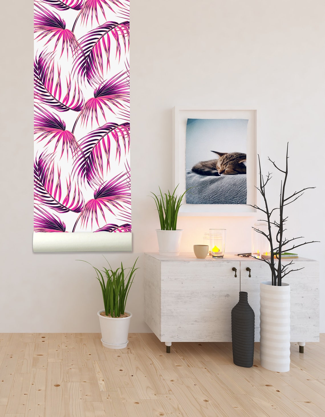Pink Palm Leaves Removable Wallpaperpeel and Stick Etsy