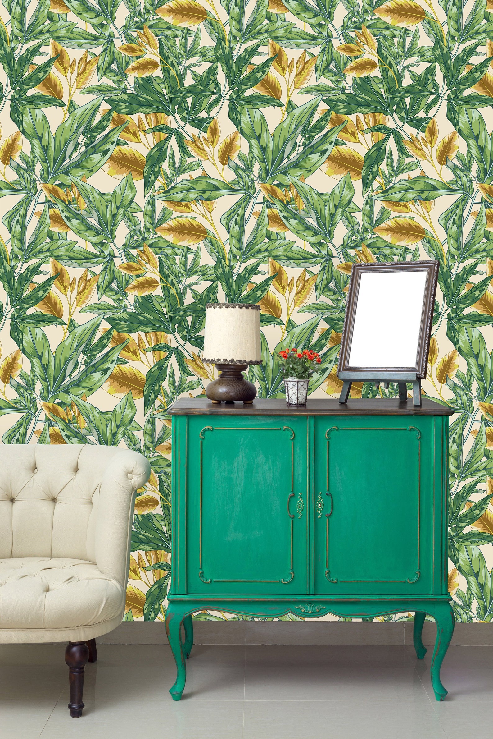 Gold and Green Leaves Removable Wallpaper-peel and Stick - Etsy