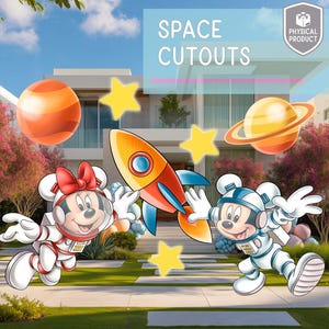 May include: A vibrant image of space-themed cutouts, including Mickey and Minnie Mouse in astronaut suits, a rocket, planets, and stars. The words "SPACE CUTOUTS" are displayed in a blue rectangle.