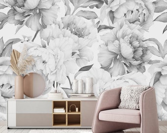 Giant Black and White Peony Removable Wallpaper-Peel and Stick Wallpaper-Wall Mural Wallpaper-Pre-Pasted Floral Wallpaper