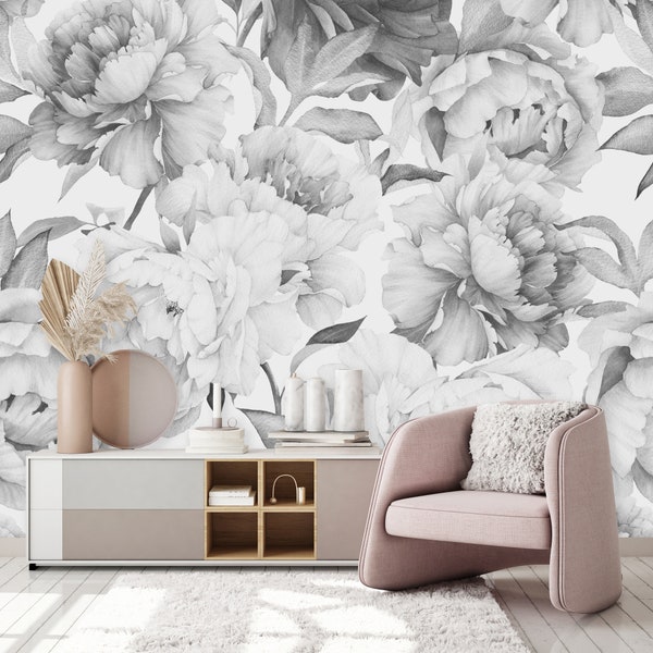 Giant Black and White Peony Removable Wallpaper-Peel and Stick Wallpaper-Wall Mural Wallpaper-Pre-Pasted Floral Wallpaper