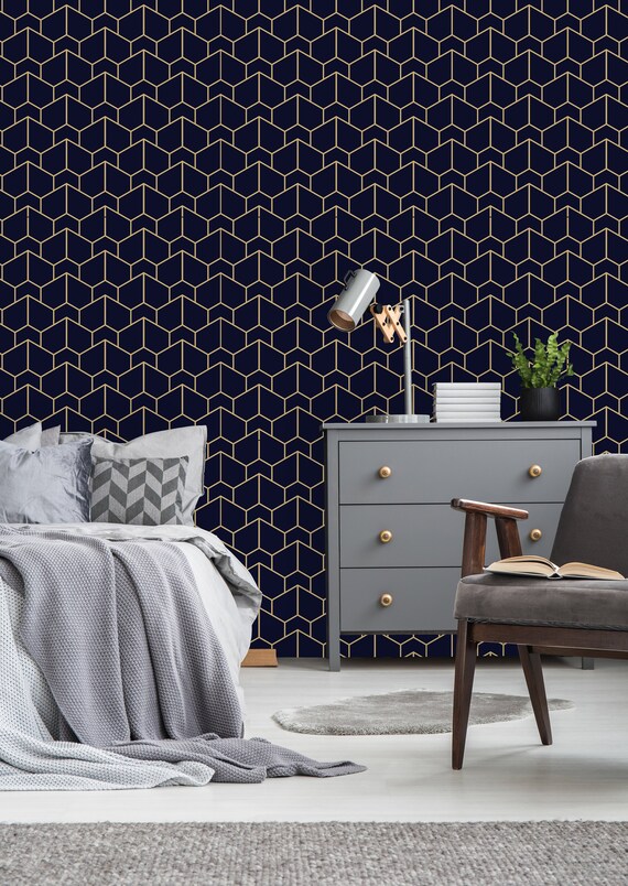 uniQstiQ Blue Black and Gold Texture Removable Wallpaper Peel and Stick