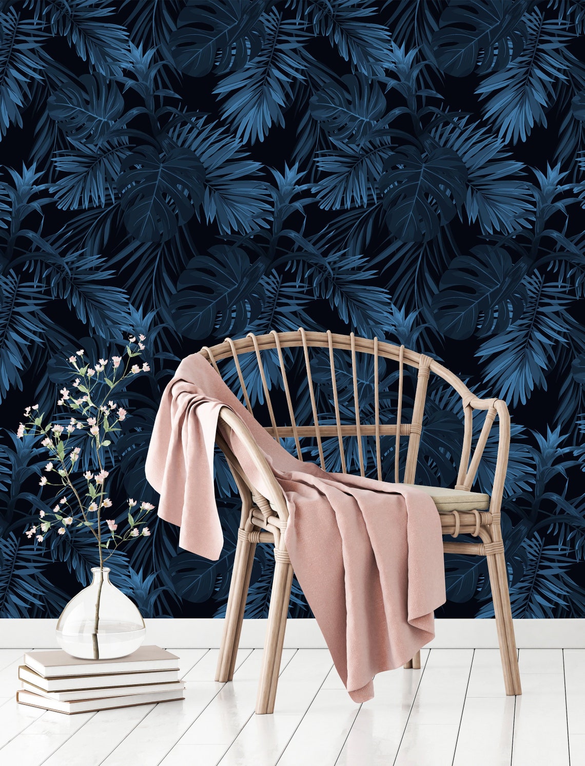 Blue Tropical Leaves Removable Wallpaperpeel and Stick Etsy