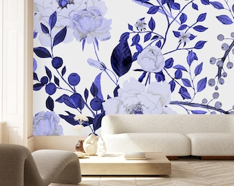 Dark Blue Floral Wallpaper-Peel and Stick Wallpaper-Wall Mural- Self Adhesive Wallpaper Pre-Pasted Wallpaper