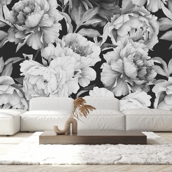 White and Black Peonies Wallpaper Etsy