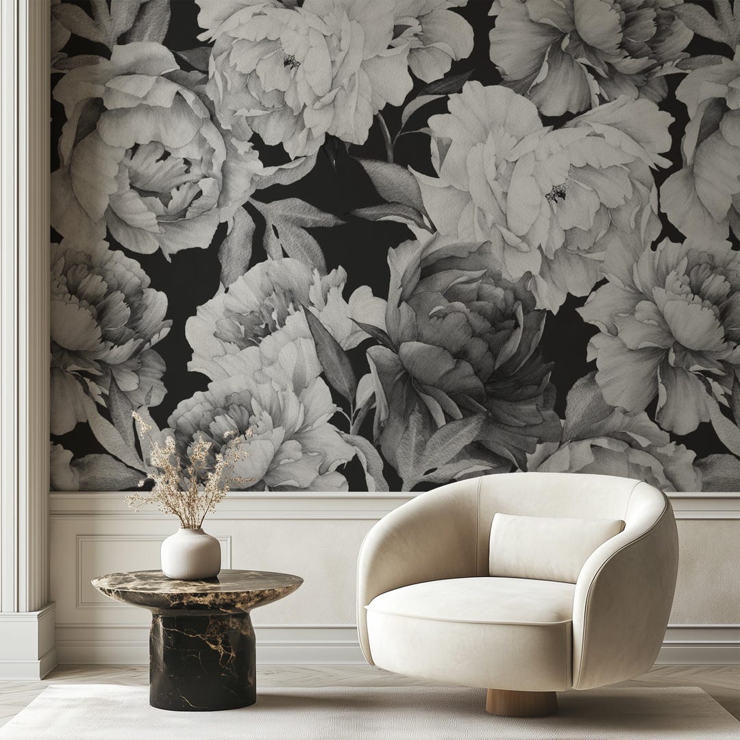 Black and White Peonies, Peel and Stick Wallpaper, Removable Watercolor ...