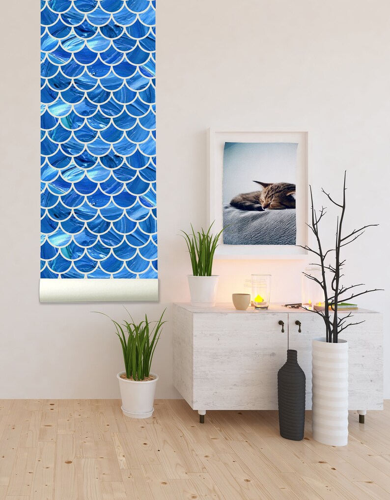 Blue Scalloped Marble Removable Wallpaperpeel and Stick Etsy