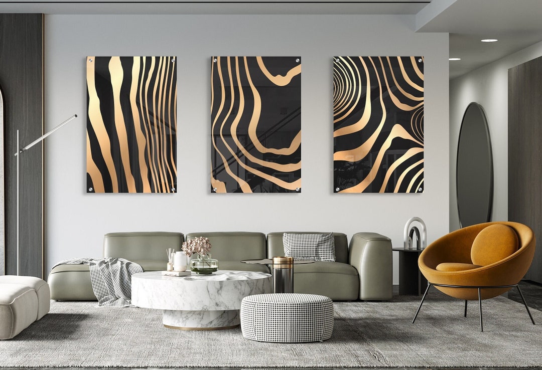 Black and Gold Abstract Art, Set of 3 Prints, Extra Large Wall Decor ...