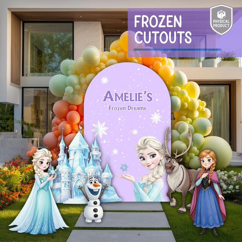 May include: A party backdrop display featuring a large purple arched sign with the text Amelie's Frozen Dreams, surrounded by a colorful balloon arch. Includes cutouts of a blue ice castle, a snowman, a blonde character, a reindeer, and a girl.