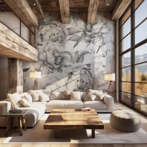 Giant Black and White Peony Removable Wallpaper-Peel and Stick Wallpaper-Wall Mural Wallpaper- Pre-Pasted Floral Wallpaper Mural