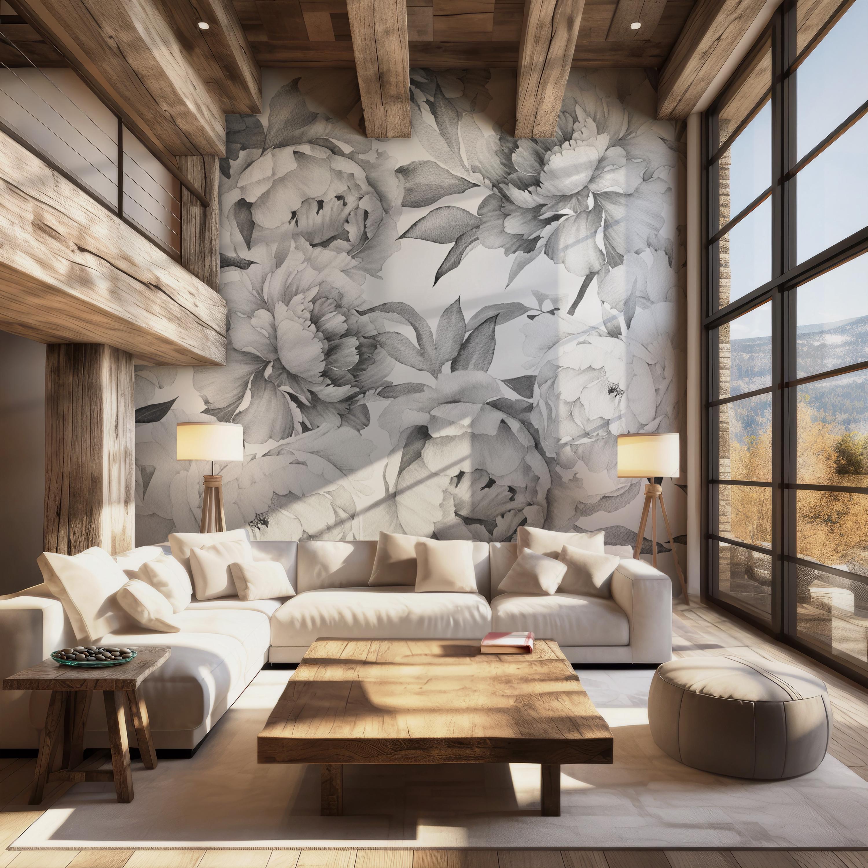 Giant Black and White Peony Removable Wallpaper-Peel and Stick Wallpaper-Wall Mural Wallpaper- Pre-Pasted Floral Wallpaper Mural