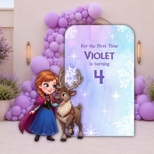 May include: A rectangular party backdrop featuring a watercolor blue and purple gradient with white snowflake patterns. The text reads For the First Time VIOLET is turning 4. An illustration of a girl with braided hair and a reindeer is included.