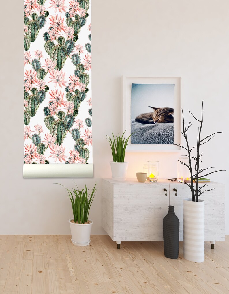 Watercolor Pastel Cactus and Flowers Removable Wallpaper-Peel and Stick Wallpaper-Wall Mural Pre-Pasted Wallpaper Nursery Wall Decor image 2