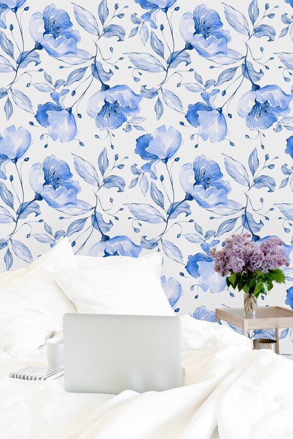 Blue Poppy Flowers Background Removable Wallpaper Peel And Stick Wallpaper Wall Mural Self Adhesive Wallpaper