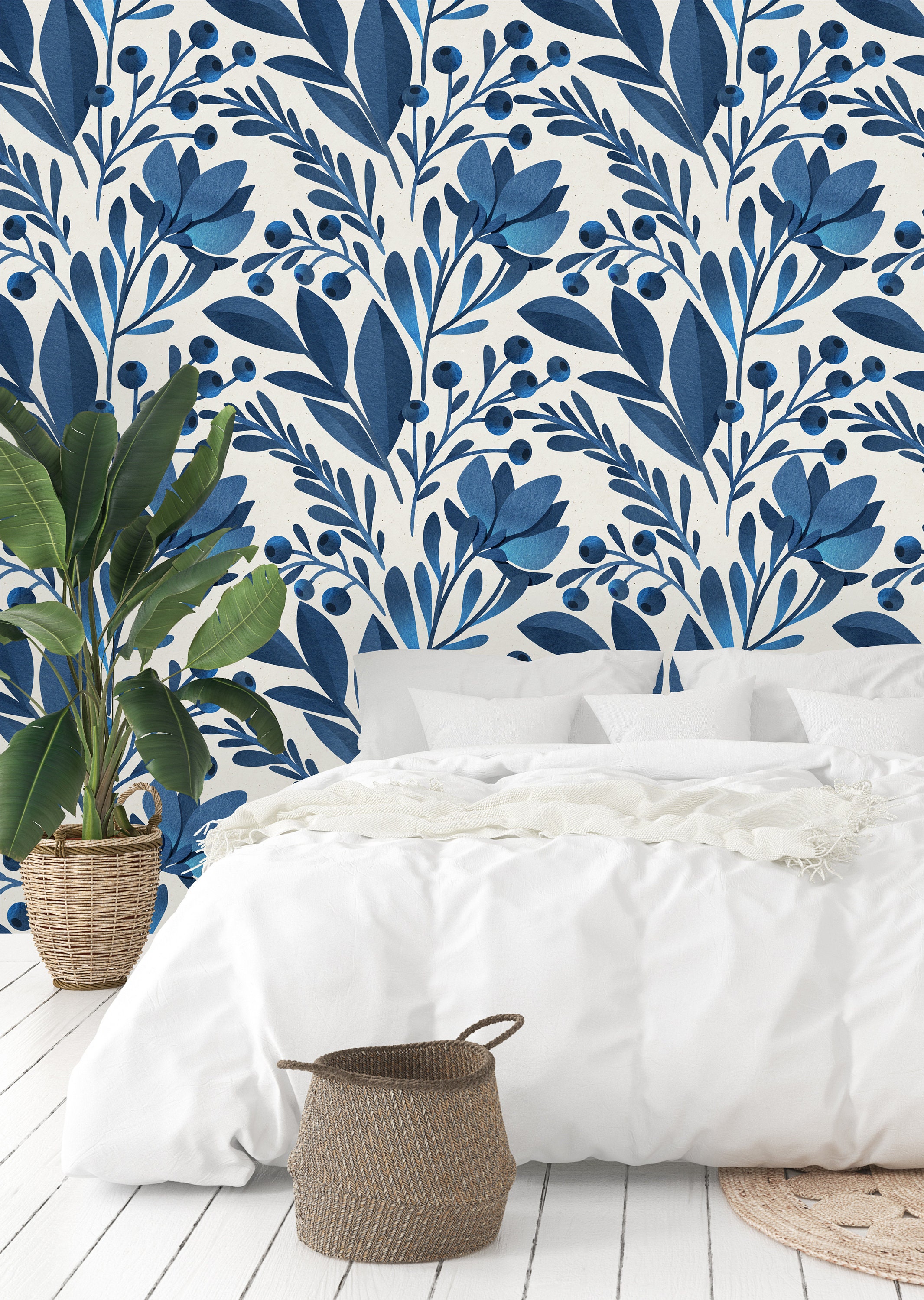 Peel-and-Stick Removable Wallpaper Blue Watercolor Floral Abstract Branch Leaves Peel-and-Stick Removable Wallpaper Blue Watercolor Floral Abstract Branch Leaves