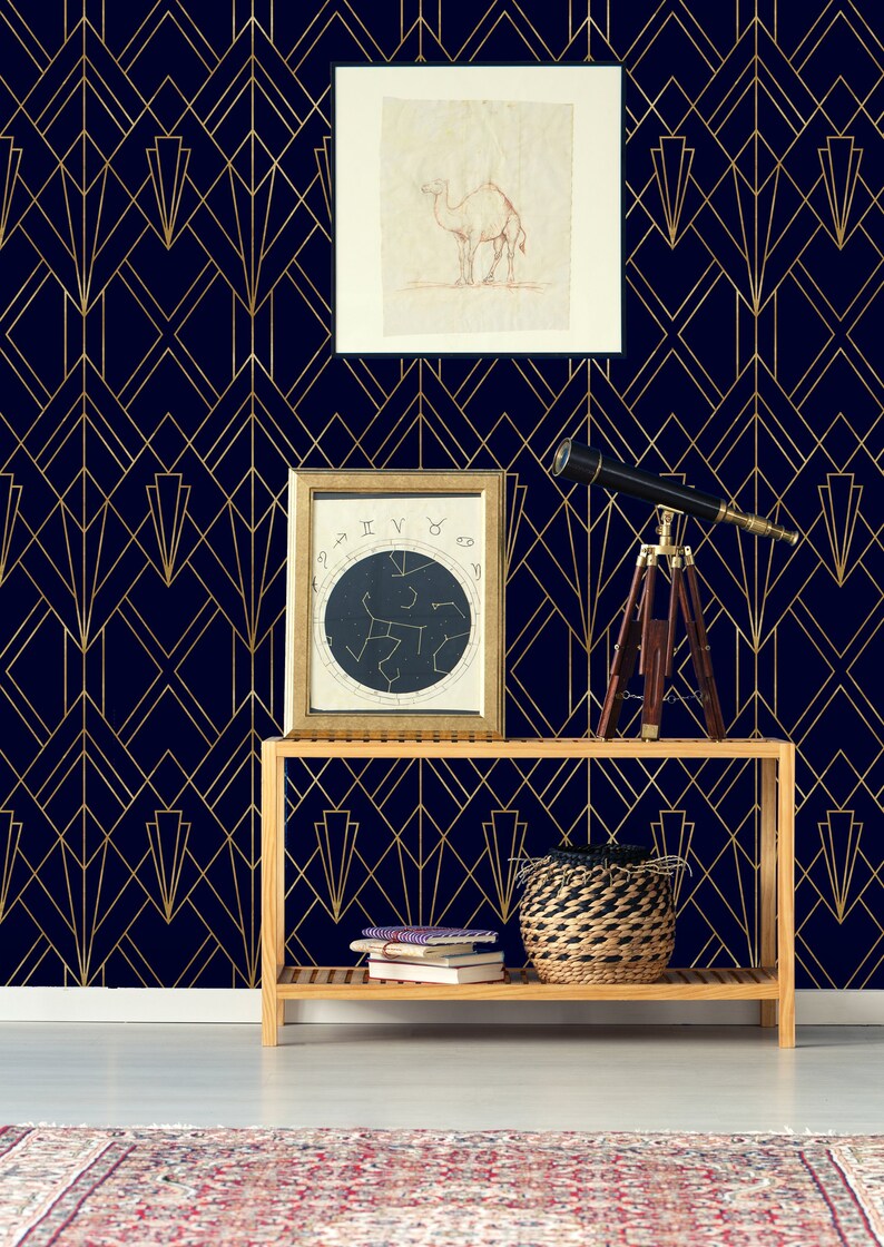 Gold and Navy Blue Geometric Removable Wallpaperpeel and Etsy Australia