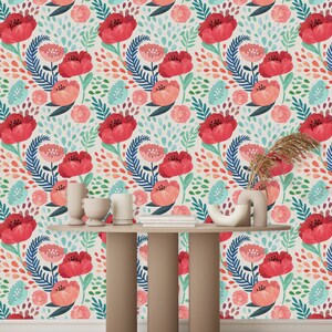 Red Poppy Flowers Wallpaper, Peel and Stick Wallpaper, Wall Mural, Self ...