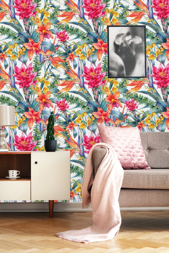Flores exóticas, ave del paraíso y hojas Revestimiento de paredes Papel  tapiz removible-Pelar y pegar papel tapiz-Mural de pared-Papel tapiz  prepegado -  México