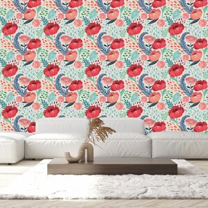 Red Poppy Flowers Wallpaper, Peel and Stick Wallpaper, Wall Mural, Self ...