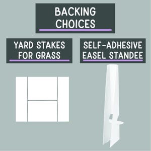 May include: Image showcasing backing choices for signs. Text reads "BACKING CHOICES", "YARD STAKES FOR GRASS", and "SELF-ADHESIVE EASEL STANDEE". The image includes a white yard stake design and a white easel standee.