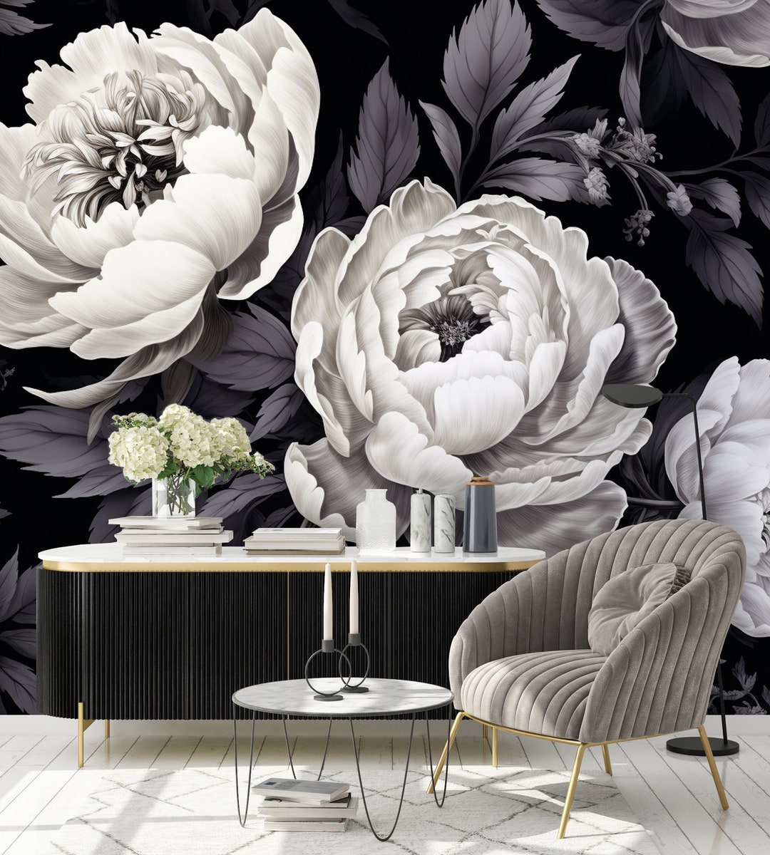 Extra Large Peony Wallpaper Black and White Peonies Peel and Etsy