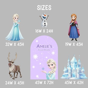 May include: A collection of Frozen-themed wall decals featuring Elsa, Anna, Olaf, Sven, and an ice castle. A central purple arched backdrop displays the text Amelie's Frozen Dreams. Dimensions are listed in inches for each character and the backdrop.