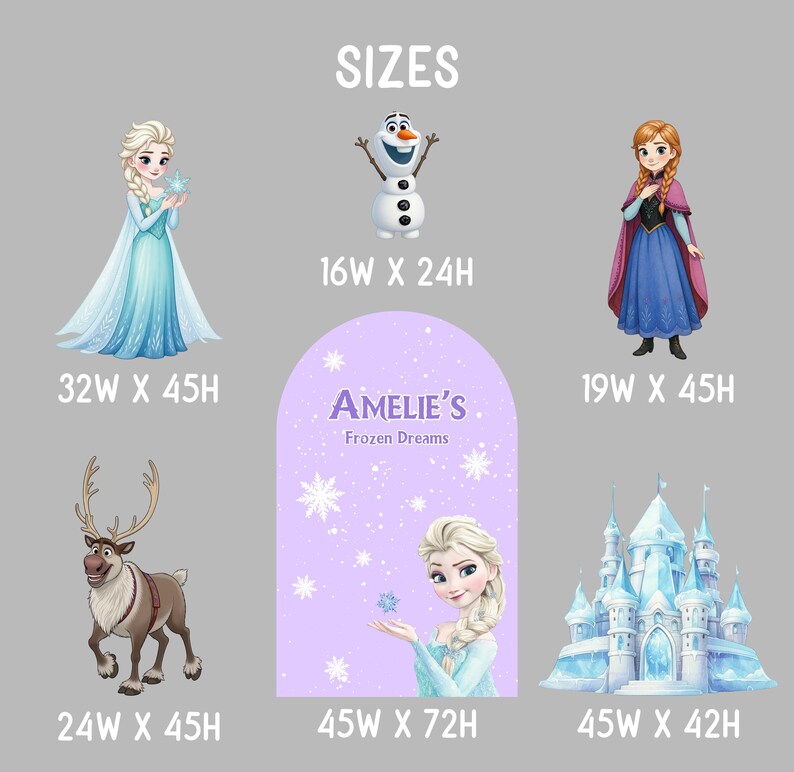 May include: A collection of Frozen-themed wall decals featuring Elsa, Anna, Olaf, Sven, and an ice castle. A central purple arched backdrop displays the text Amelie's Frozen Dreams. Dimensions are listed in inches for each character and the backdrop.