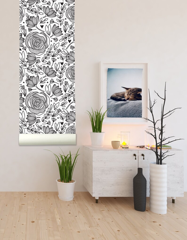 Black and White Floral Removable WallpaperPeel and Stick Etsy