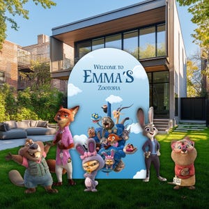 May include: A light blue arched backdrop featuring the text Welcome to Emma's Zootopia, decorated with various Zootopia characters including Nick Wilde, Judy Hopps, and others. The display stands on a green lawn in front of a modern house.