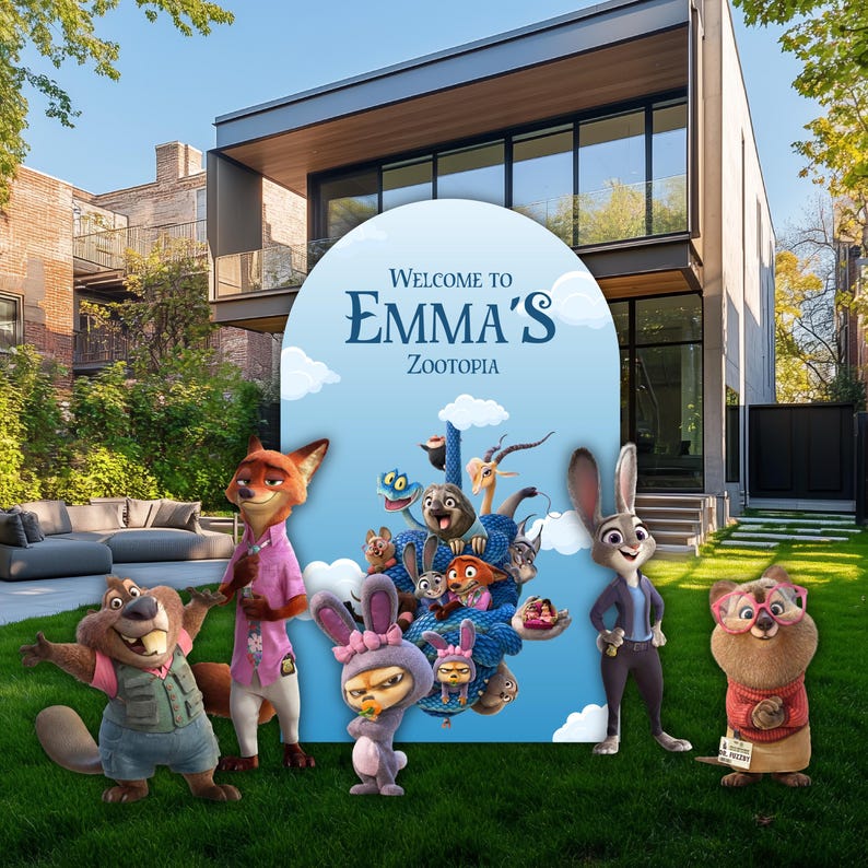 May include: A light blue arched backdrop featuring the text Welcome to Emma's Zootopia, decorated with various Zootopia characters including Nick Wilde, Judy Hopps, and others. The display stands on a green lawn in front of a modern house.