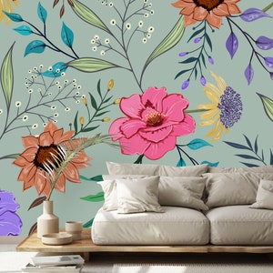Multicolored Flowers Wallpaper-Peel and Stick Wallpaper-Wall Mural- Self Adhesive Wallpaper Pre-Pasted Wallpaper
