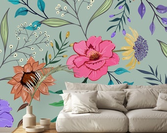 Multicolored Flowers Wallpaper-Peel and Stick Wallpaper-Wall Mural- Self Adhesive Wallpaper Pre-Pasted Wallpaper