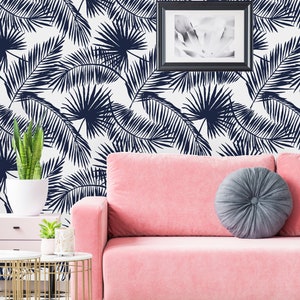 Navy Palm Leaves Removable Wallpaper-Peel and Stick Wallpaper-Wall Mural- Self Adhesive Wallpaper Pre-Pasted Wallpaper