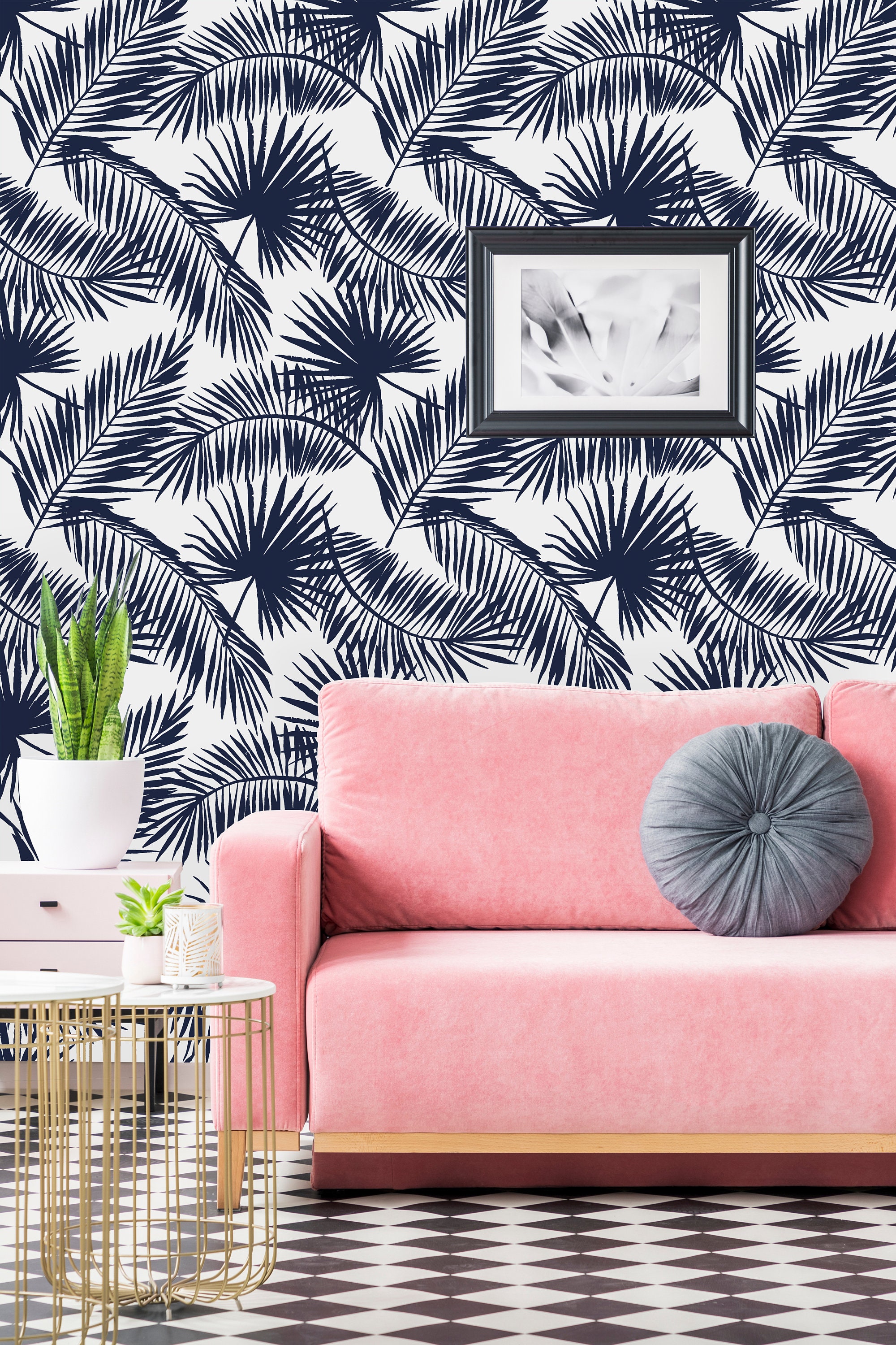 Peel-and-Stick Removable Wallpaper Palm Fronds White On Navy Blue Tropical