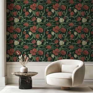 Red Poppy and  Pimpernel Flowers Removable Wallpaper, William Morris Inspired, Victorian Style Peel and Stick Wallpaper, Dark Art Nouveau