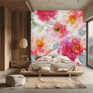 Bright Pink Floral Mural,peel and Stick Wallpaper, Removable Wallpaper