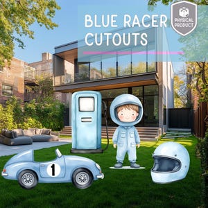 May include: Blue racer cutouts, including a light blue race car with the number 1, a gas pump, a child in a racing suit, and a helmet. The cutouts are set on a green lawn in front of a modern house.