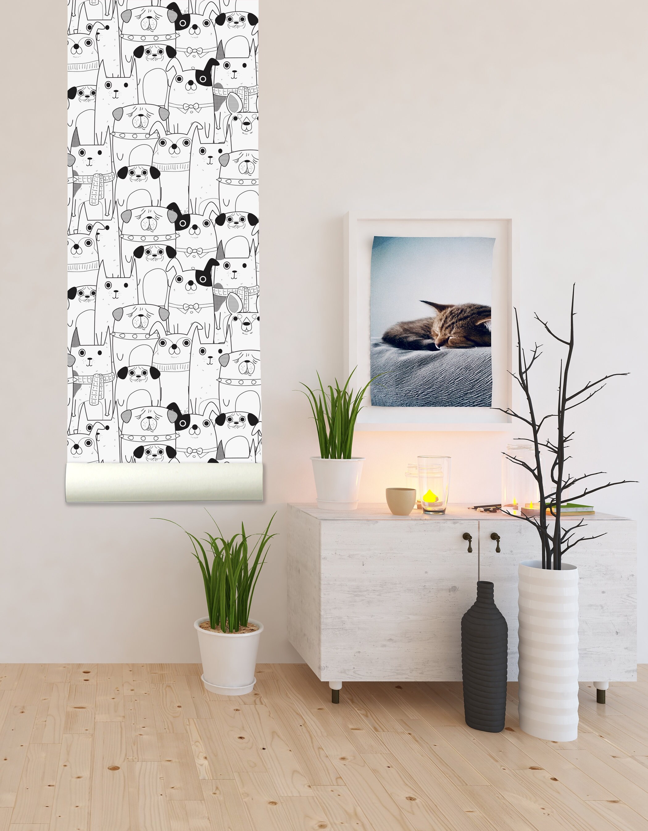 Black and White Dogs Wallpaperpeel and Stick Wallpaperwall Etsy
