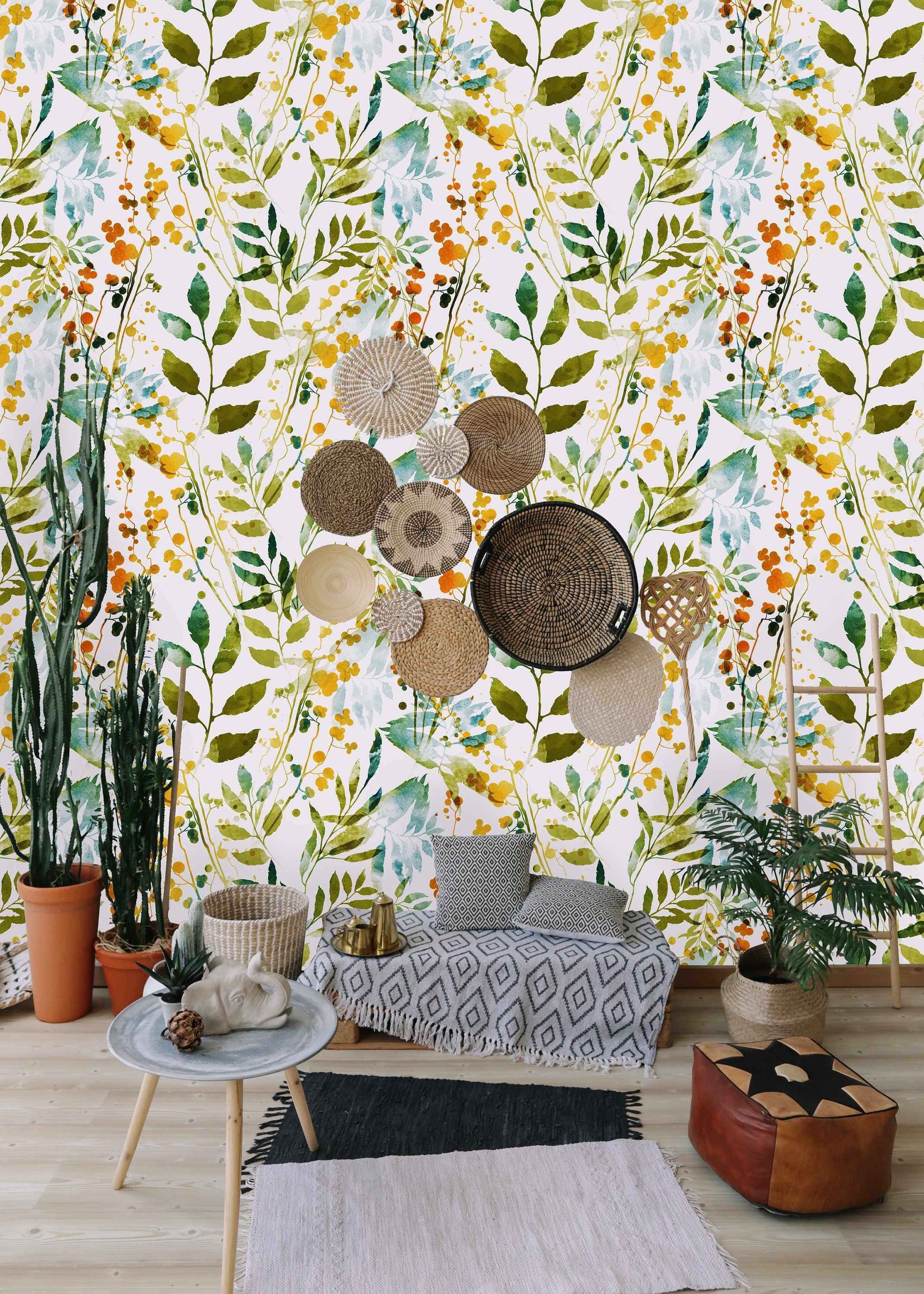 Hand Drawn Boho Spring Leaves Removable Wallpaper-Peel and | Etsy