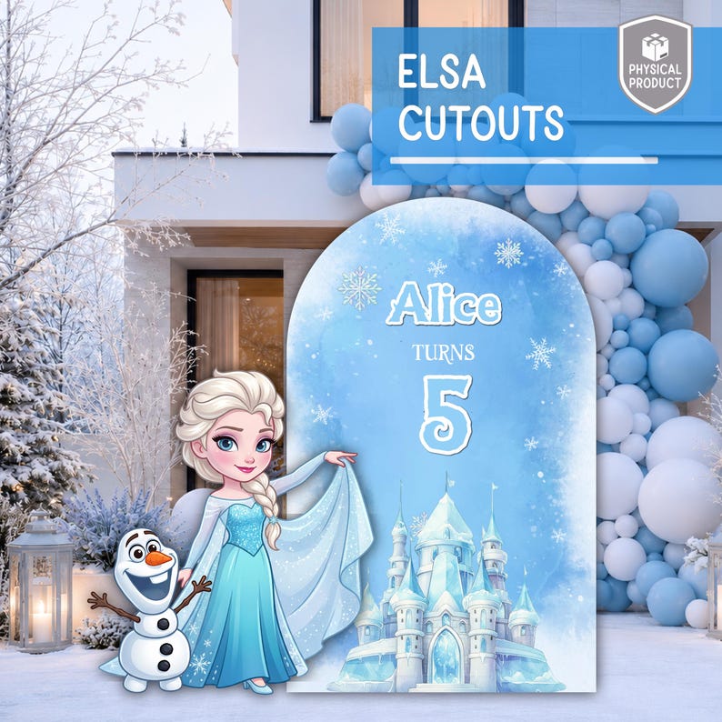 Op de afbeelding: Een boogvormige achtergrond met een lichtblauw aquarelontwerp met witte sneeuwvlokken, een kasteelillustratie en de tekst Alice TURNS 5. Daarnaast staat een uitsnede van een blond personage in een blauwe jurk en een kleine sneeuwpop.