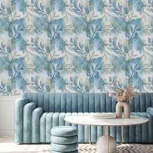 Minimalistische blaue Blätter-Tapete-Wandbild-selbstklebende Tapete vorgezogene Boho-Tapete