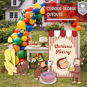 May include: A festive outdoor scene with a balloon arch in various colors, a sign that says "Curious Harry", and cutouts of Curious George characters. A cake and other party decorations are also visible.