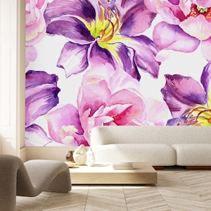 Pink and Purple Flowers Wallpaper-Peel and Stick Wallpaper-Wall Mural- Self Adhesive Wallpaper Pre-Pasted Wallpaper