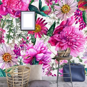 2 Days Shipping, Bright Pink Floral Mural, Removable Wallpaper,Peel and Stick Wallpaper, Wall Mural, Self Adhesive Wallpaper, Pre-Pasted